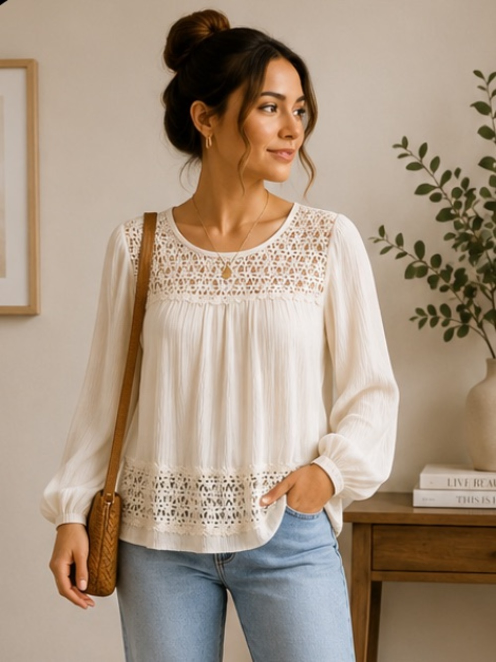 Solitaire Ivory Crochet Yoke Long-Sleeve Blouse